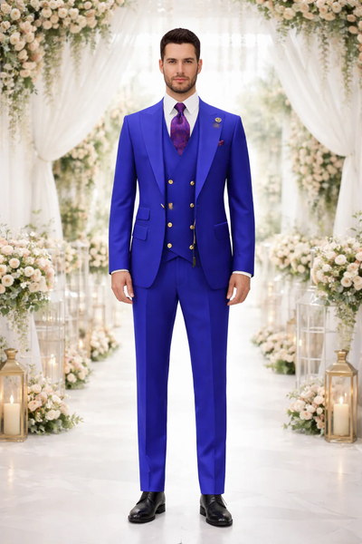 Rossiman Brand Royal Blue Suits - 1 Button Suit Peak Lapel Double Breasted Vest