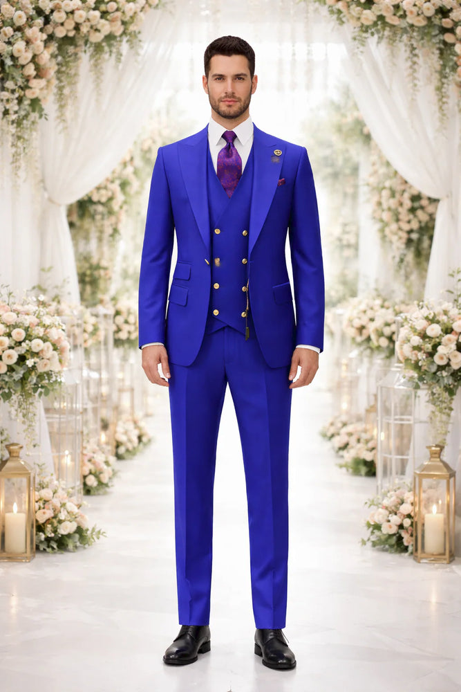 Rossiman Brand Royal Blue Suits - 1 Button Suit Peak Lapel Double Breasted Vest
