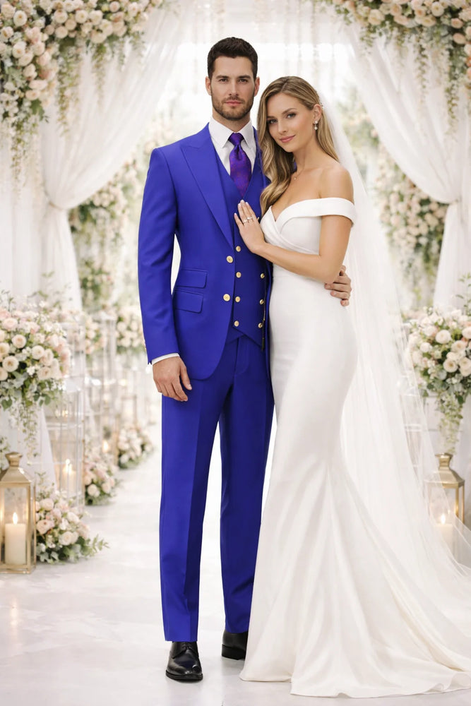 Rossiman Brand Royal Blue Suits - 1 Button Suit Peak Lapel Double Breasted Vest