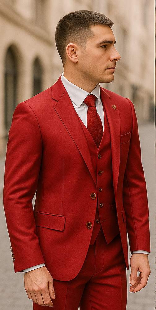 Rossiman Men's Red Suit – Stylish 1-Button Peak Lapel Jacket & Double-Breasted Vest