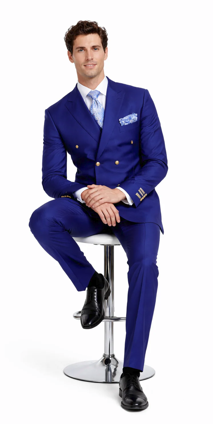 Rossiman Men’s Slim Fit Royal Blue Suit | Double-Breasted Elegance – Italian Tailored Luxury 3-Piece Suit for Men