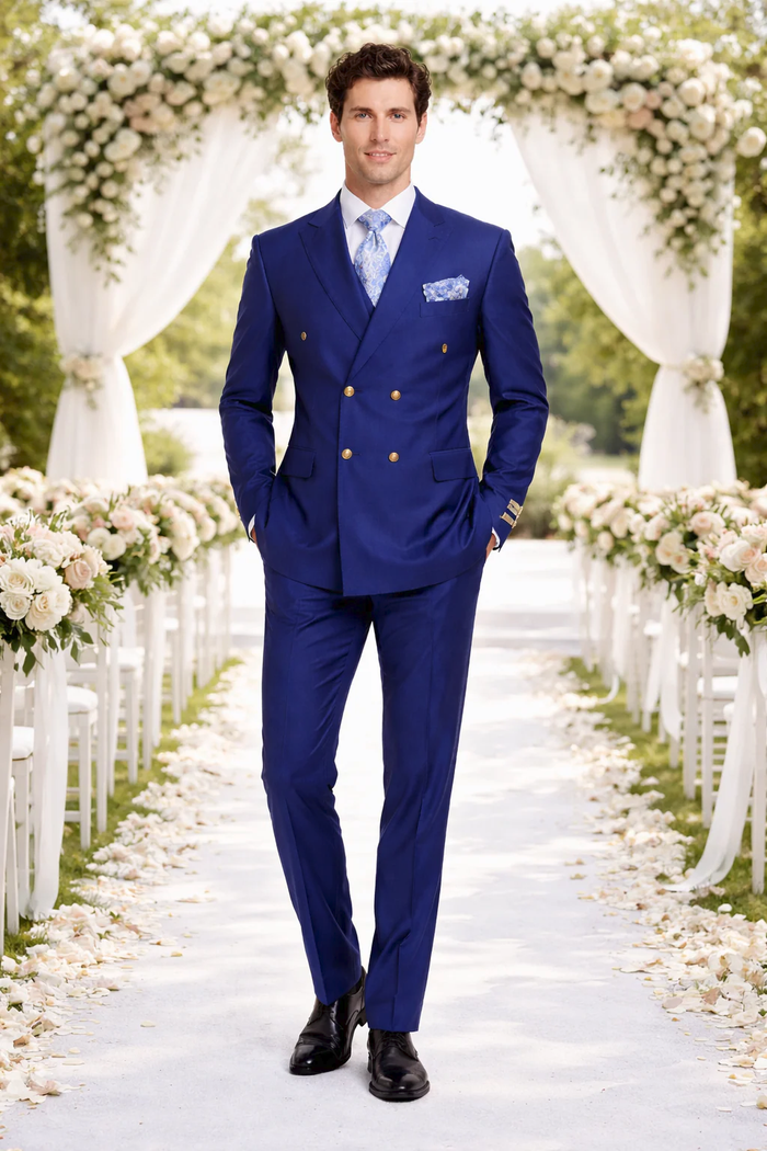 Rossiman Men’s Slim Fit Royal Blue Suit | Double-Breasted Elegance – Italian Tailored Luxury 3-Piece Suit for Men