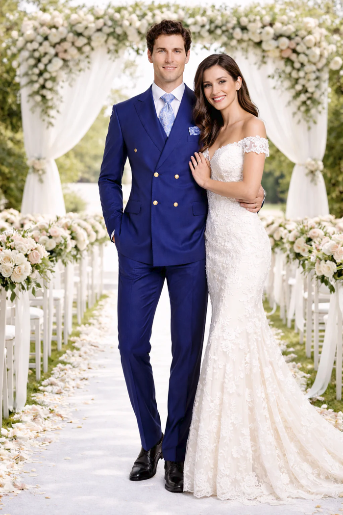 Rossiman Men’s Slim Fit Royal Blue Suit | Double-Breasted Elegance – Italian Tailored Luxury 3-Piece Suit for Men