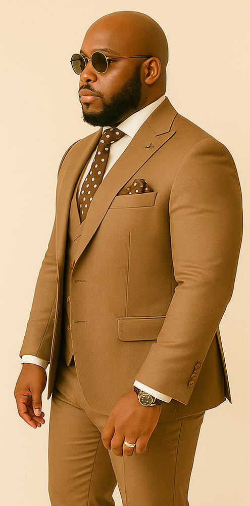 Rossiman Men’s Tan Suit – Gold Buttons & Double-Breasted Vest Elegance