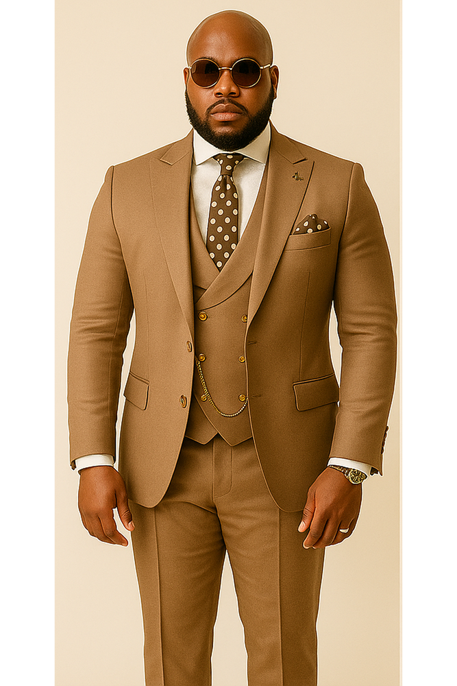 Rossiman Men’s Tan Suit – Gold Buttons & Double-Breasted Vest Elegance