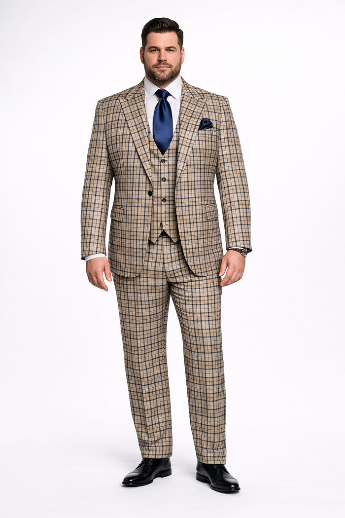 Rossiman Monarch Tan & Navy Grid 3-Piece Signature Suit