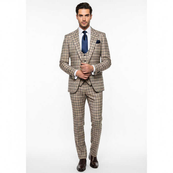 Rossiman Monarch Tan & Navy Grid 3-Piece Signature Suit