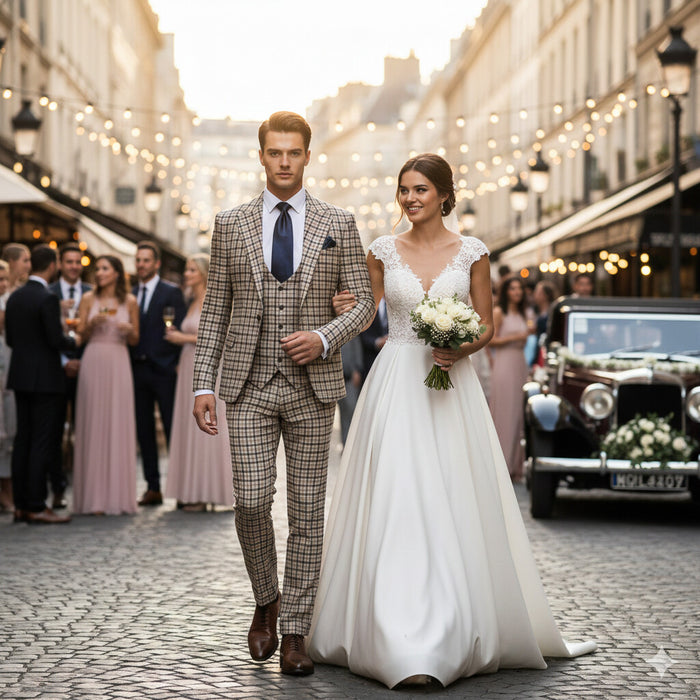 Rossiman Monarch Tan & Navy Grid 3-Piece Signature Suit
