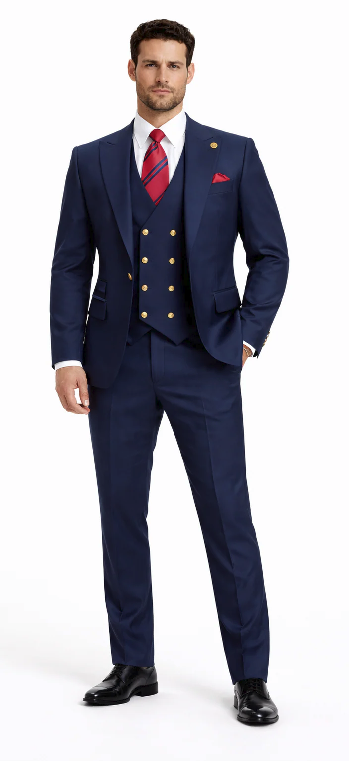 Rossiman Navy Blue Suit for Men – Classic 1-Button Peak Lapel Jacket & Double-Breasted Vest