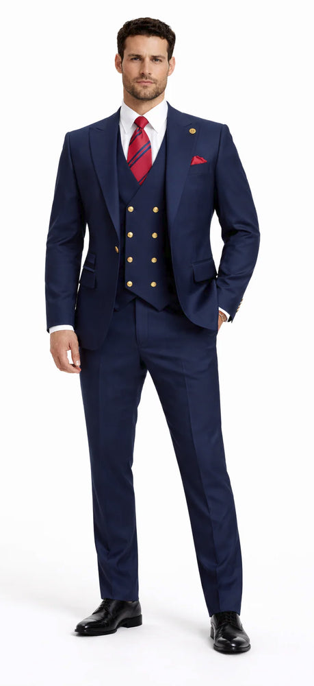 Rossiman Brand Navy Blue Suits - 1 Button Suit Peak Lapel Double Breasted Vest