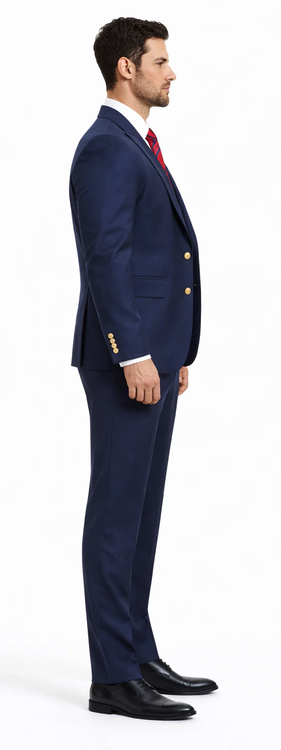Rossiman Men’s Navy Blue Suit – Classic 1-Button Peak Lapel Jacket with Double-Breasted Vest