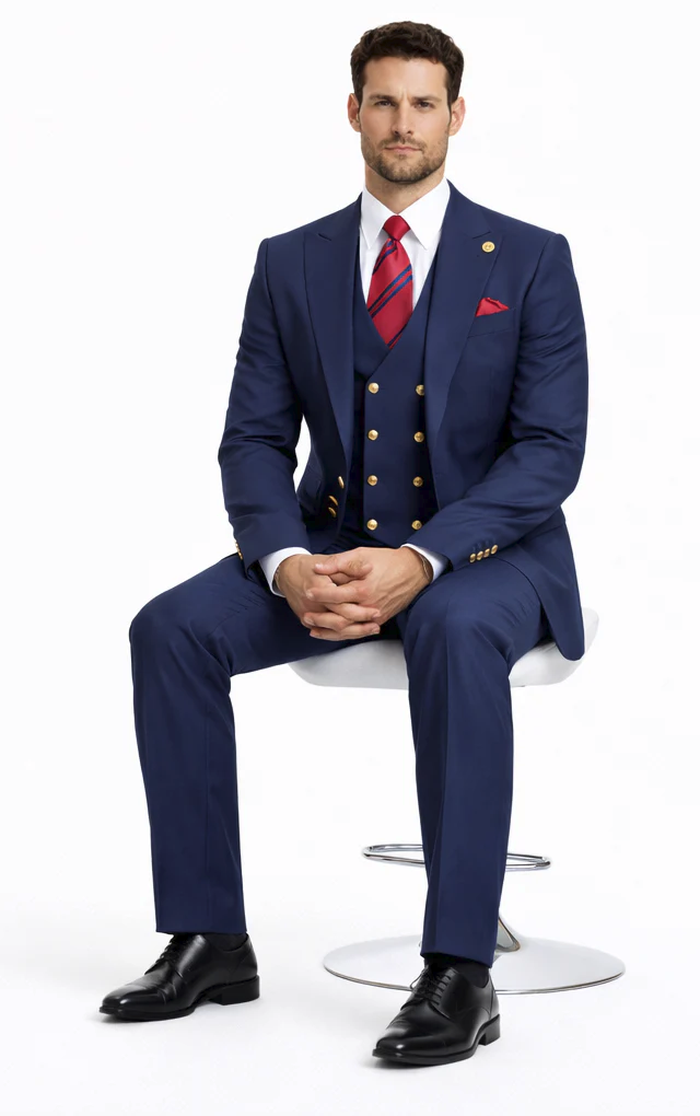 Rossiman Men’s Navy Blue Suit – Classic 1-Button Peak Lapel Jacket with Double-Breasted Vest