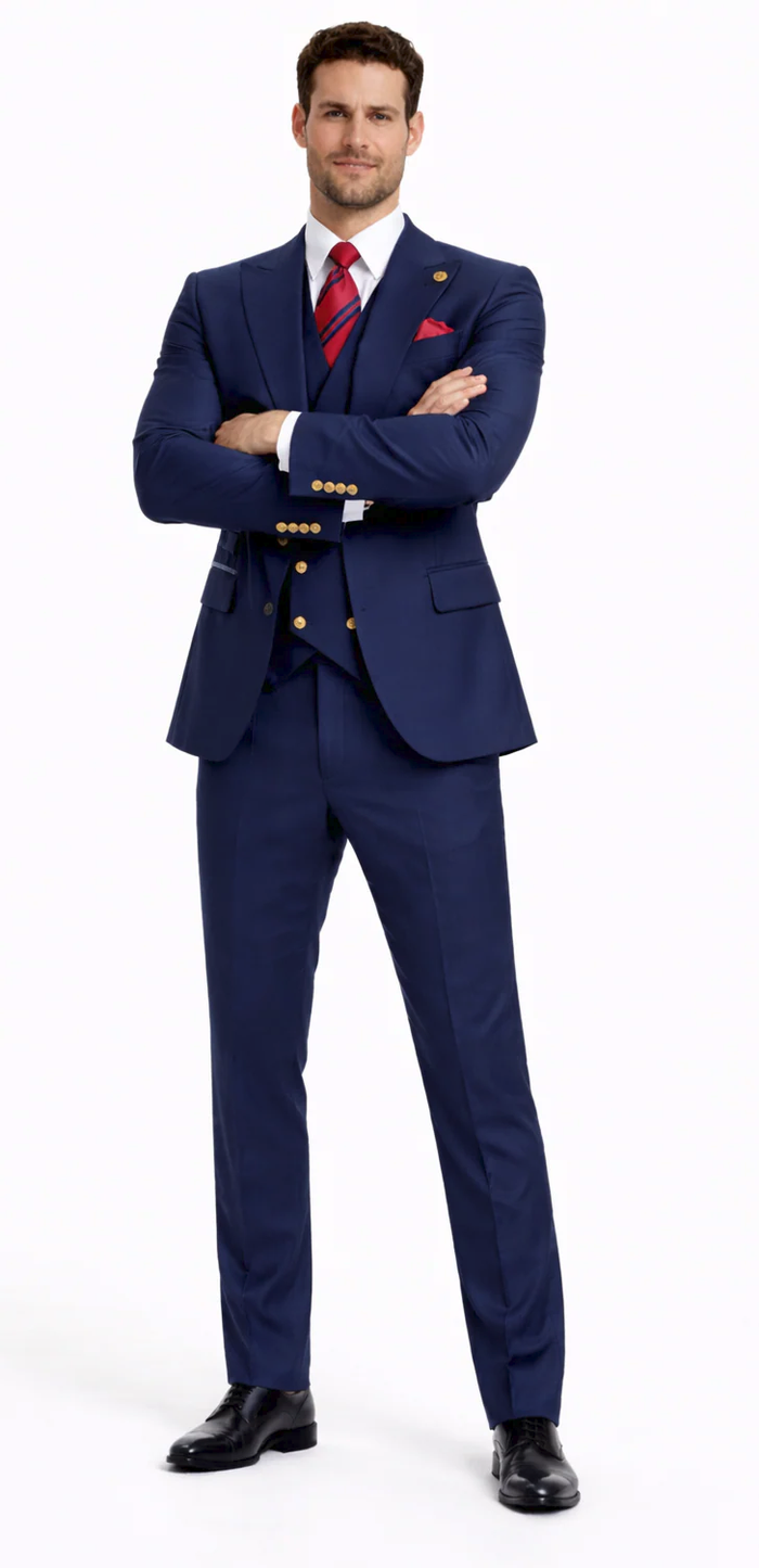Rossiman Men’s Navy Blue Suit – Classic 1-Button Peak Lapel Jacket with Double-Breasted Vest
