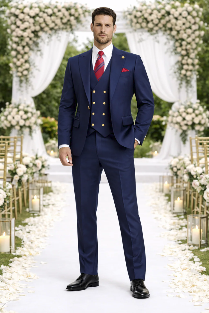 Rossiman Men’s Navy Blue Suit – Classic 1-Button Peak Lapel Jacket with Double-Breasted Vest