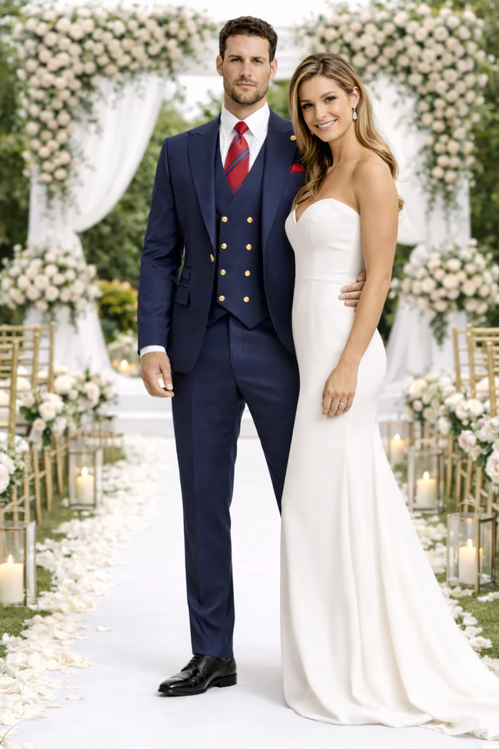 Rossiman Men’s Navy Blue Suit – Classic 1-Button Peak Lapel Jacket with Double-Breasted Vest