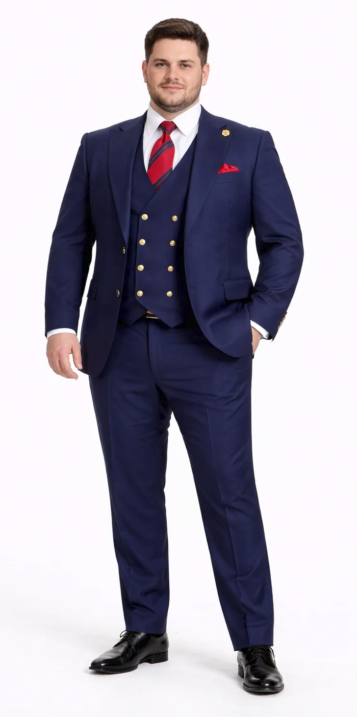 Rossiman Men’s Navy Blue Suit – Classic 1-Button Peak Lapel Jacket with Double-Breasted Vest