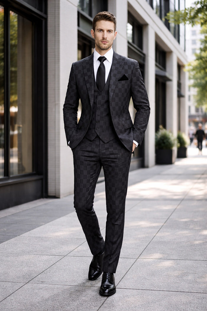 Onyx Checkmate Checkerboard 3-Piece Prestige Suit by Rossiman
