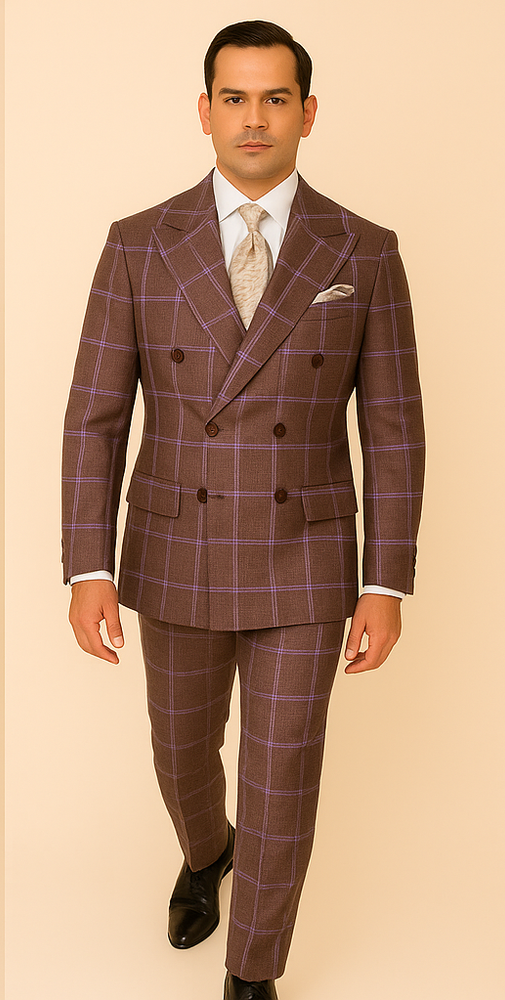 Rossiman Plaid Suit – Gray & Lavender Textured Windowpane Double-Breasted Suit