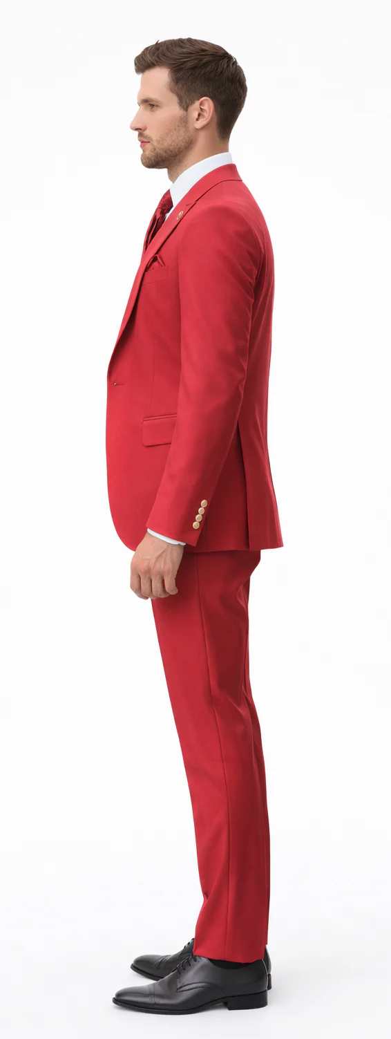 Rossiman Men's Red Suit – Stylish 1-Button Peak Lapel Jacket & Double-Breasted Vest
