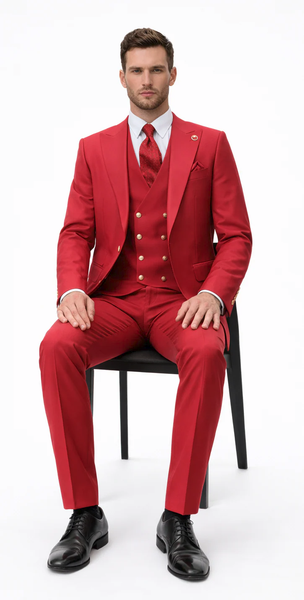 Rossiman Men's Red Suit – Stylish 1-Button Peak Lapel Jacket & Double-Breasted Vest
