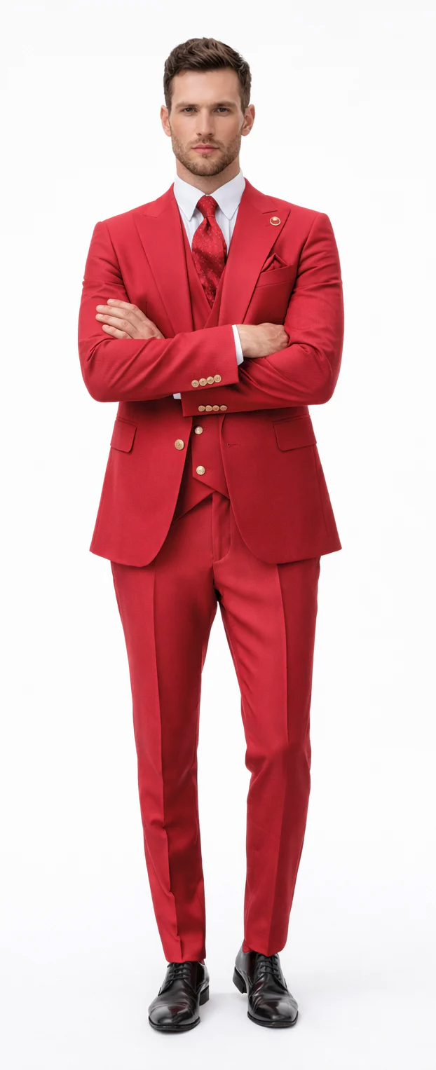 Rossiman Men's Red Suit – Stylish 1-Button Peak Lapel Jacket & Double-Breasted Vest