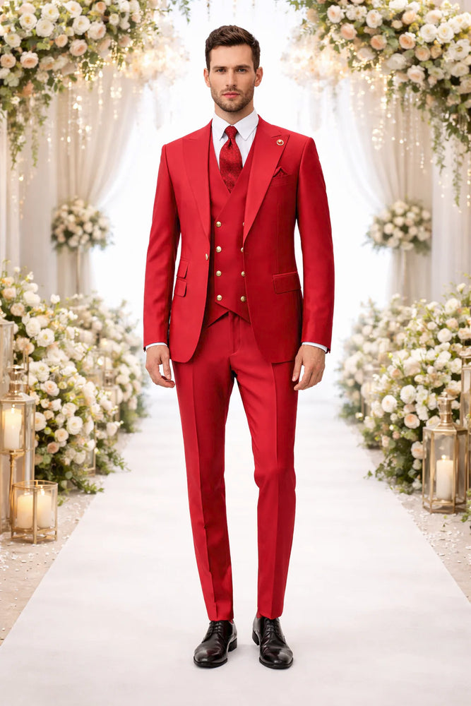 Rossiman Men's Red Suit – Stylish 1-Button Peak Lapel Jacket & Double-Breasted Vest