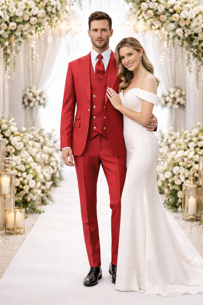 Rossiman Brand Red Suits - 1 Button Suit Peak Lapel Double Breasted Vest