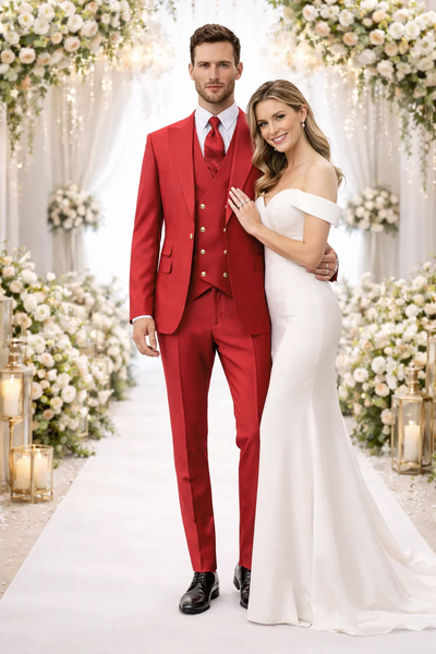 Rossiman Men’s Red Suit | Stylish 1-Button Peak Lapel Jacket & Double-Breasted Vest – Italian Tailored Luxury 3-Piece Suit