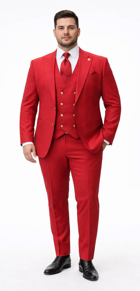 Rossiman Men's Red Suit – Stylish 1-Button Peak Lapel Jacket & Double-Breasted Vest