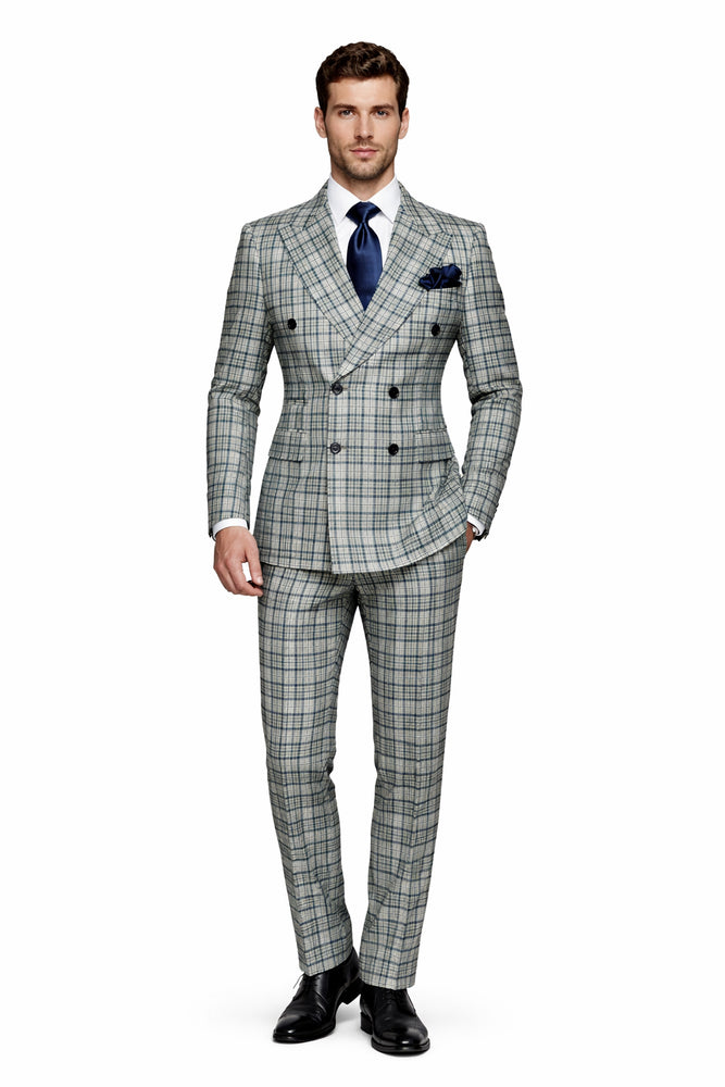 Rossiman Regency Cream & Navy Plaid Double Breasted Suit