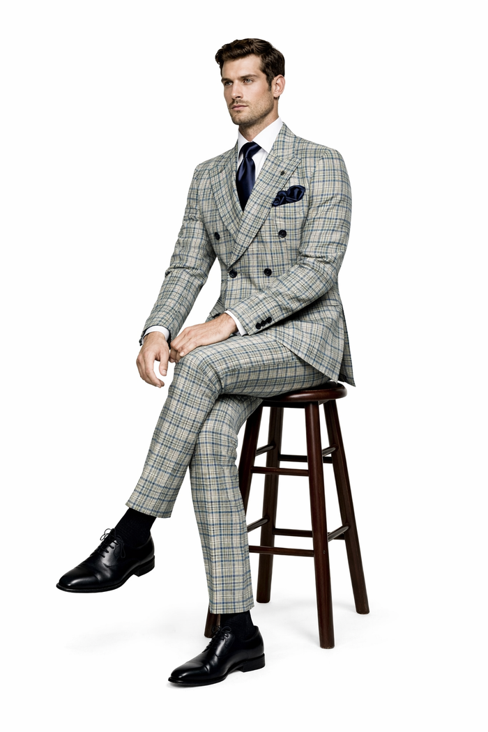 Rossiman Regency Cream & Navy Plaid Double Breasted Suit