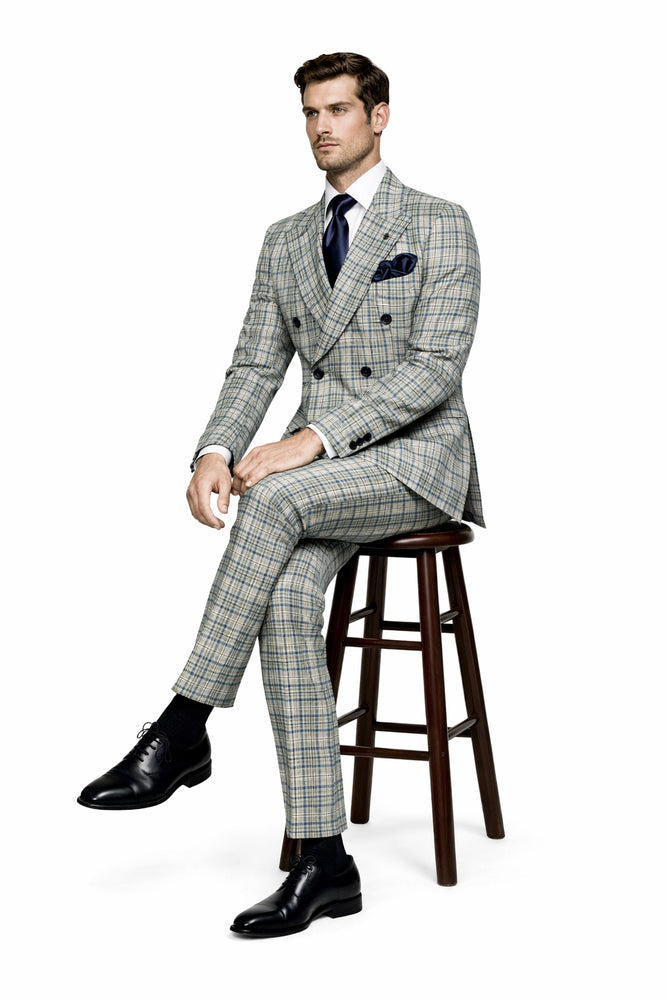 Rossiman Regency Cream & Navy Plaid Double Breasted Suit