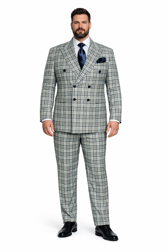 Rossiman Regency Cream & Navy Plaid Double Breasted Suit