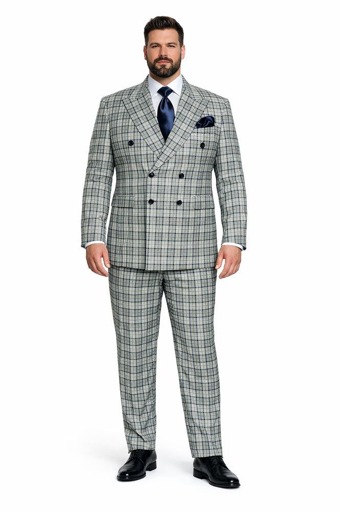 Rossiman Regency Cream & Navy Plaid Double Breasted Suit