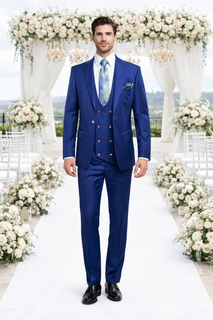 Rossiman Royal Blue Men's Suit Double Breasted Slim Fit