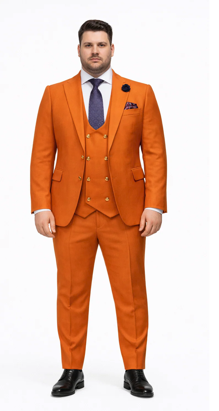 Rossiman Men’s Rust Slim Fit Suit | 3-Piece Set with Double-Breasted Vest & Flat Front Pants – Italian Tailored Luxury