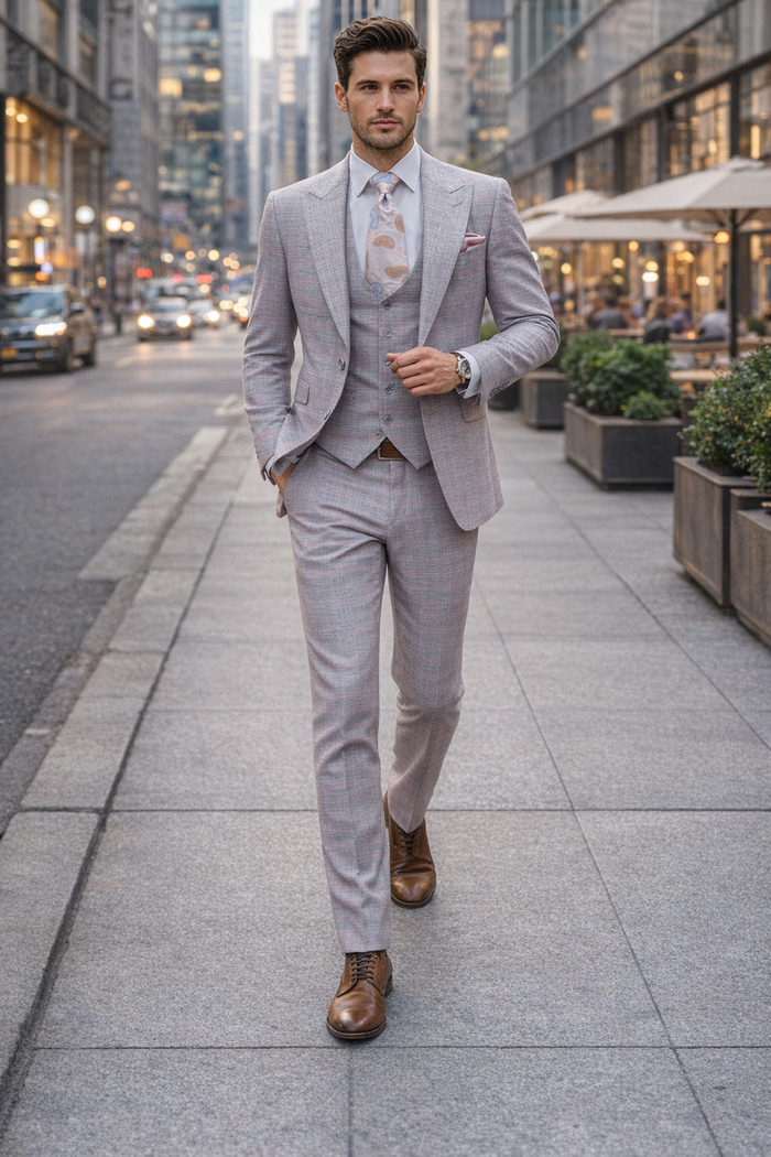 Rossiman Sharkskin Gray Plaid Suit - Double-Breasted Windowpane Suit for Men – Italian Tailored Elegance