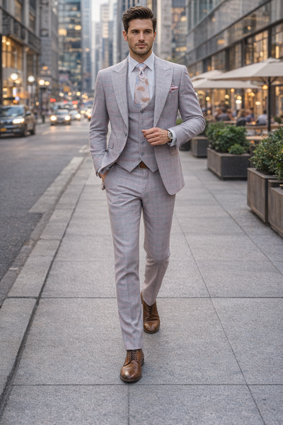 Rossiman Sharkskin Gray Plaid Suit – Double-Breasted Windowpane Suit for Men