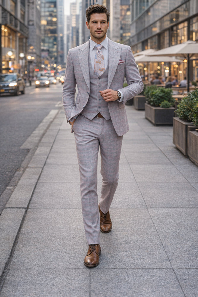 Rossiman Sharkskin Gray Plaid Suit - Double-Breasted Windowpane Suit for Men – Italian Tailored Elegance