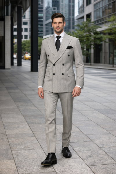 Rossiman Sovereign Light Grey Pinstripe Double Breasted Suit