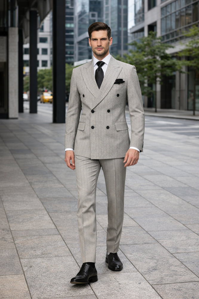 Rossiman Sovereign Light Grey Pinstripe Double Breasted Suit