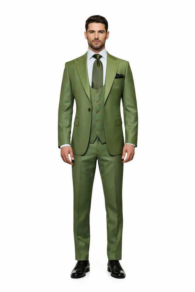 Rossiman Sovereign Olive Green 3-Piece Luxe Satin Suit