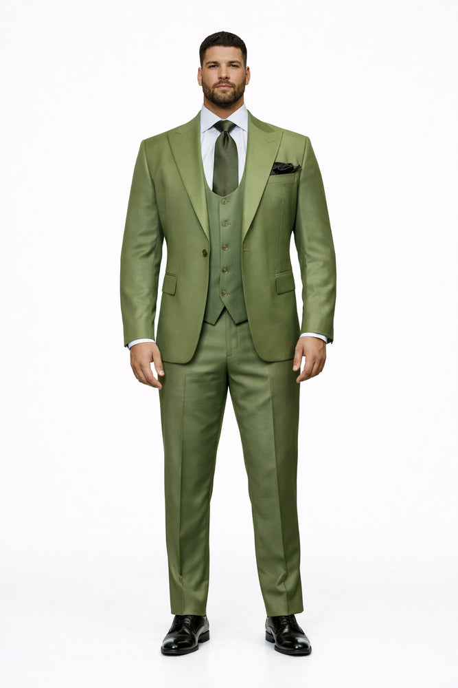 Rossiman Sovereign Olive Green 3-Piece Luxe Satin Suit