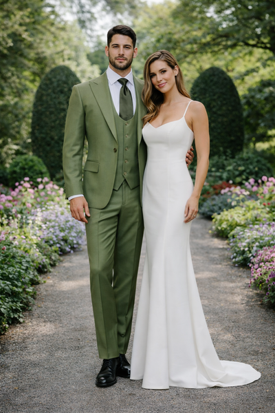 Rossiman Sovereign Olive Green 3-Piece Luxe Satin Suit
