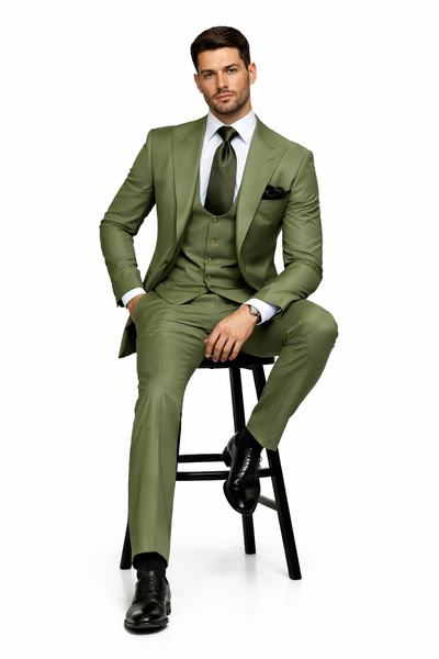 Rossiman Sovereign Olive Green 3-Piece Luxe Satin Suit