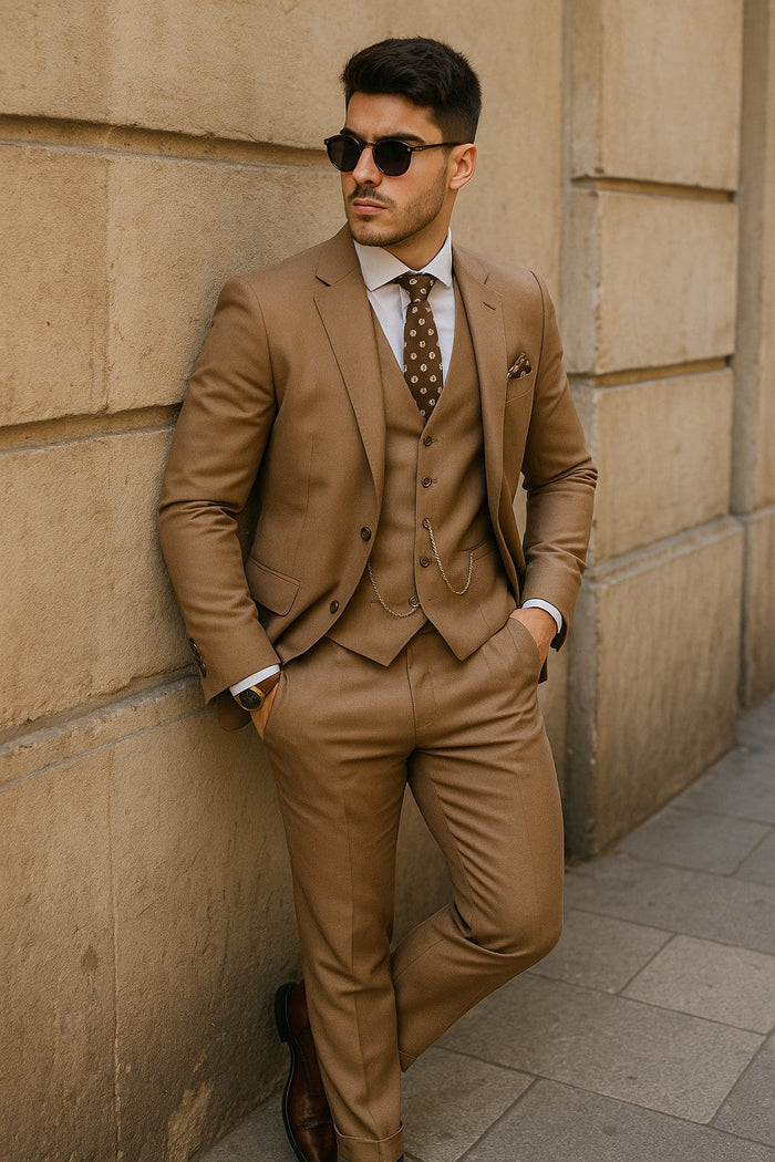 Rossiman Suit - Tan Suit With Gold Buttons - Peak Lapel 1 Button Double Breasted Vest