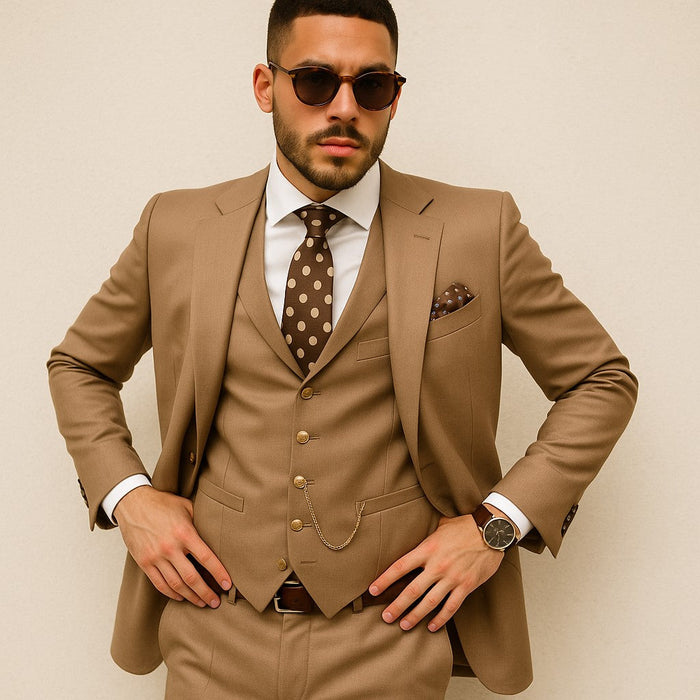 Rossiman Suit - Tan Suit With Gold Buttons - Peak Lapel 1 Button Double Breasted Vest