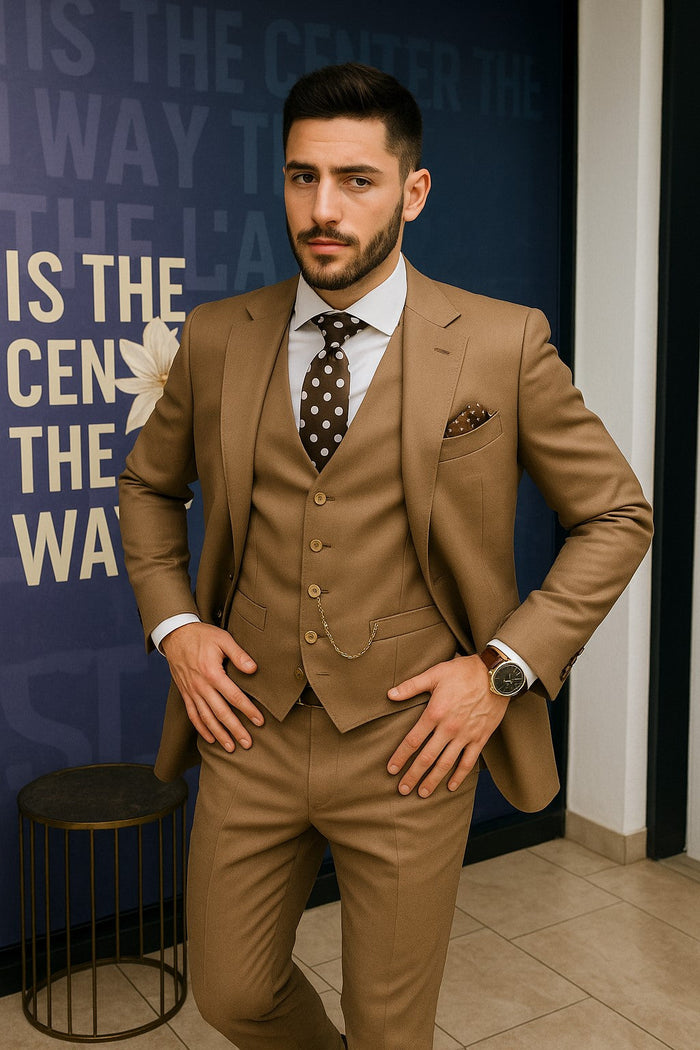 Rossiman Suit - Tan Suit With Gold Buttons - Peak Lapel 1 Button Double Breasted Vest