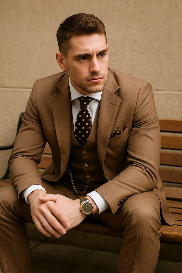 Rossiman Suit - Tan Suit With Gold Buttons - Peak Lapel 1 Button Double Breasted Vest