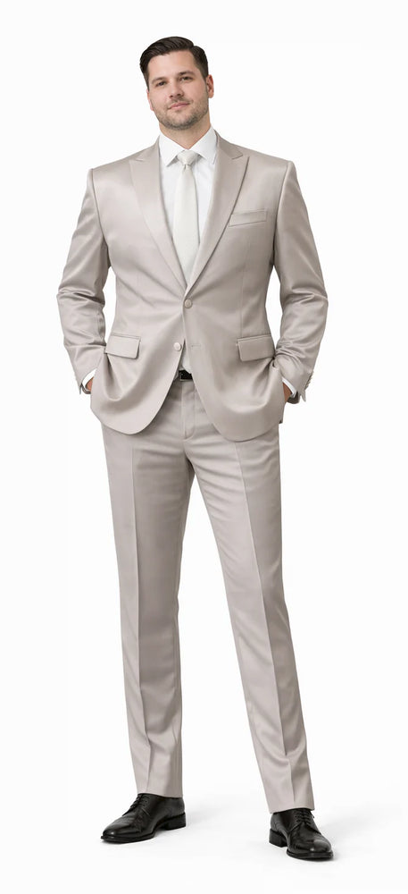 Rossiman Men’s Gray Shiny Sateen Suit | Sleek & Modern Formalwear – Italian Tailored Double-Breasted Luxury Suit